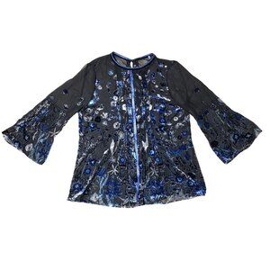 Tahari Peasant Top Womens Medium Burnout Velvet Floral Bell Flare-Sleeve Sheer